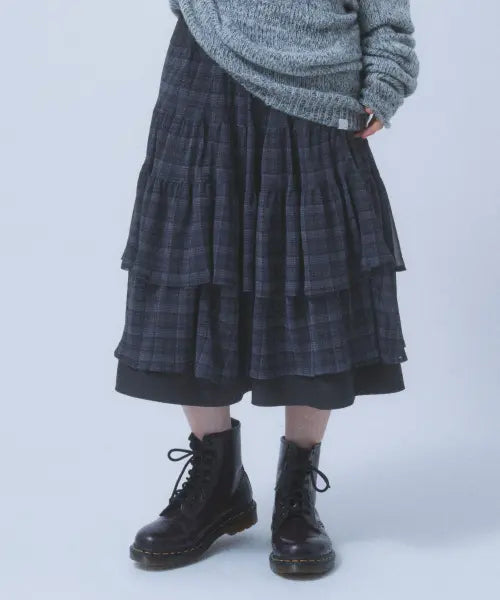 [TUOMIO] SHEER CHECK LAYERED SKIRT [BLACK]