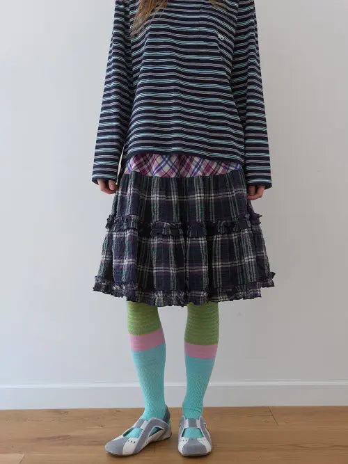 [ENZO BLUES] Frill Checked Skirt (Purple Check) / 프릴 체크 스커트 (Purple Check)