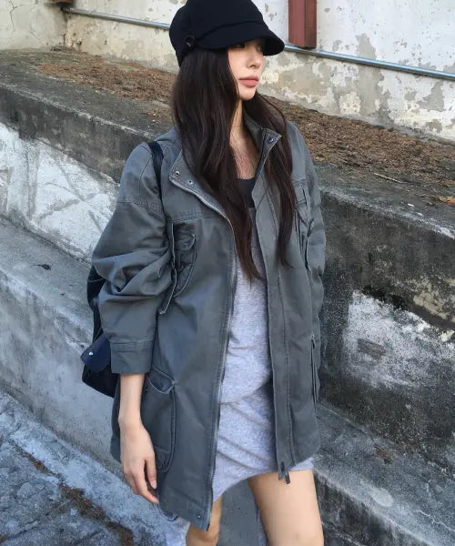 [PLACE STUDIO] Double Multi-Pocket Washed Belted Oversized Cotton Zip-Up Blouson Jacket / 더블 멀티 포켓 워싱 벨티드 오버핏 투웨이 블루종 코튼 집업 자켓 _2COLOR
