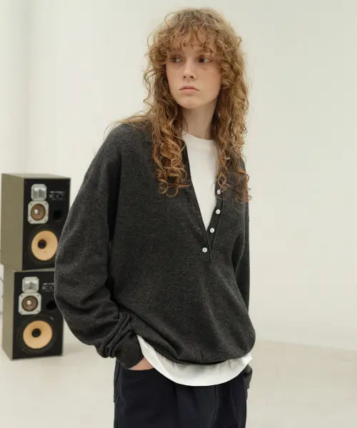 [LEVAR] Superfine Wool Henley Knit Set - Charcoal