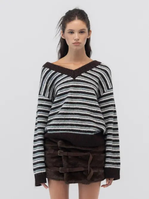 [GLOWNY] MELLOW V-NECK STRIPE KNIT (BROWN STRIPE)