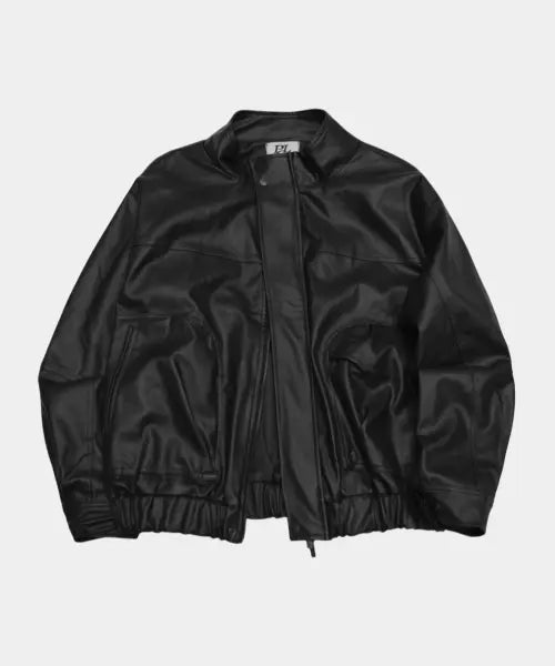 [PLACE STUDIO] Two-Way Oversized Shirring Pocket Detail Leather Zip-Up Blouson Jacket [Black] / 절개라인 셔링 포켓 디테일 투웨이 오버핏 블루종 레더 집업 자켓 [블랙]