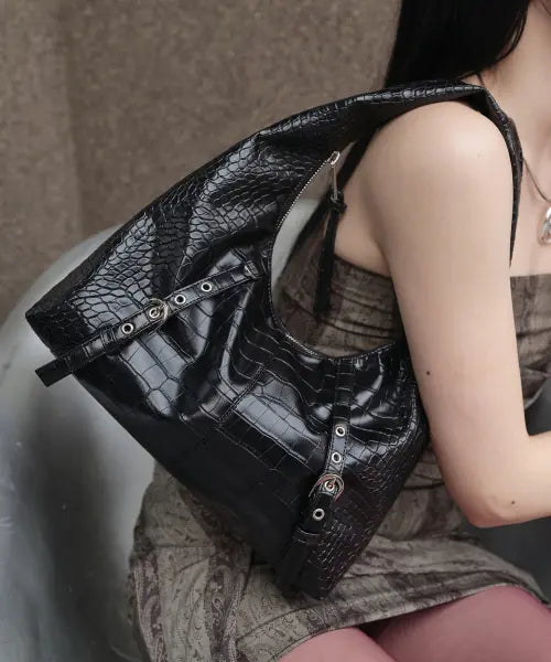 [PICEA] Belted Hobo Mini Bag [Croc Black]
