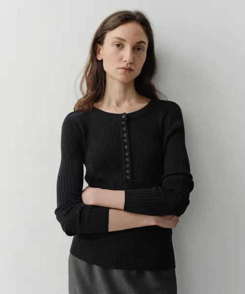 [EAAH] WOOL SILK HENLEY NECK KNIT TOP (NAVY)
