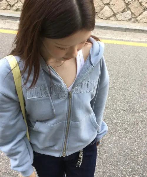 [STMG] Margarine Applique Loose two-way zipper Hoodie Zip-Up Blue / 마가린 아플리케 루즈 투웨이 지퍼 후드집업 블루
