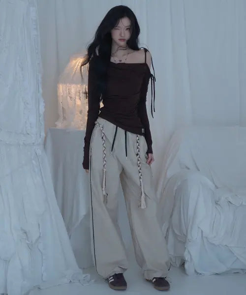 [NEWALRIN] Newalrin emblem nylon wide Pants Beige