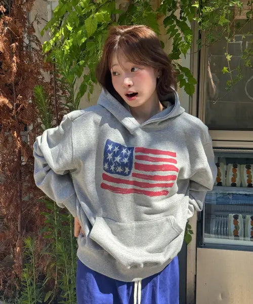 [AMOU] USA Painted Hoodie - Gray / USA Painted Hoodie GRAY