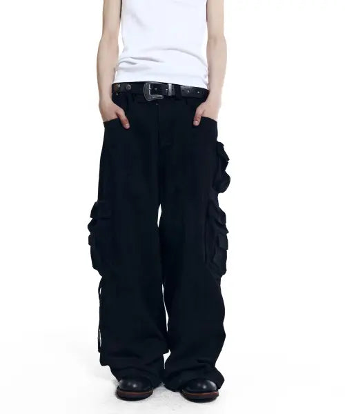 [AAKAM] Heavy Cargo Shirring Pants (Black)