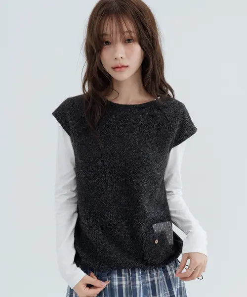 [HIGH SCHOOL DISCO] Flower Pocket Layered Knit_Charcoal / 플라워 포켓 레이어드 니트_차콜