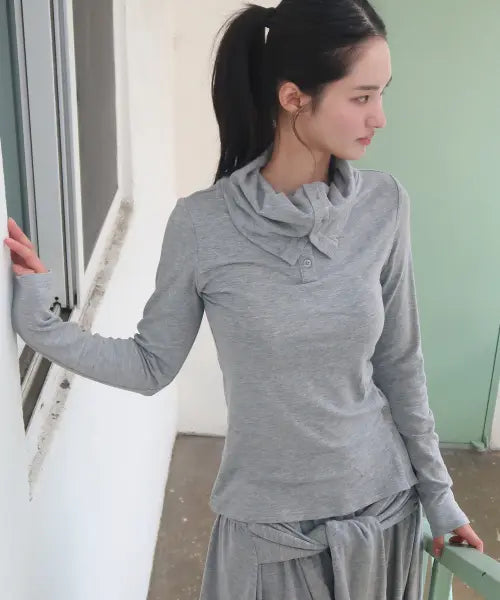 [PLACE STUDIO] Minimal high-neck side snap point slim-fit basic two-way long-sleeve T-shirt _3COLOR / 미니멀 하이넥 사이드 스냅 포인트 슬림핏 베이직 투웨이 긴팔 티셔츠 _3COLOR