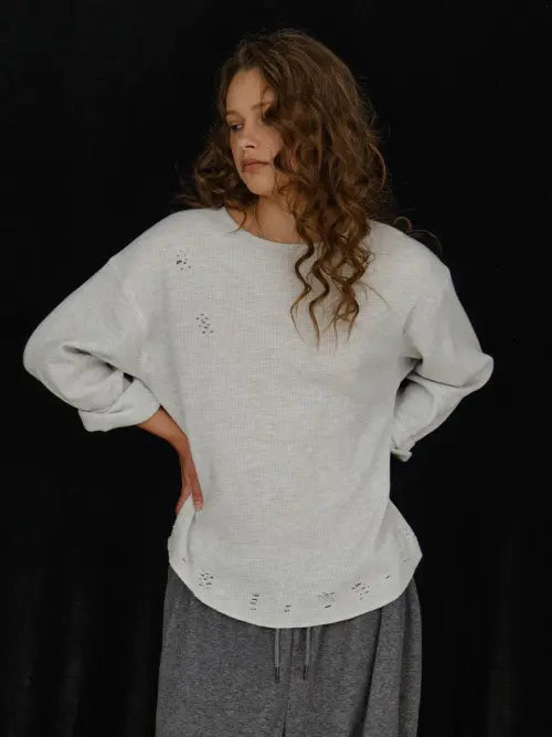 [PLZPROJECT] DAMAGE WAFFLE LONG SLEEVE, WHITE MELANGE