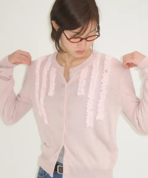 [RONRON] SHEER FRILL CARDIGAN PINK