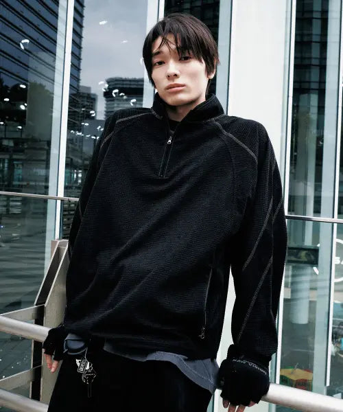 [NOMANUAL] T.L HEAVY WAFFLE HALF ZIP-UP - BLACK