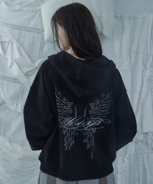 [LOOXP] Wings Graphic Lettering Oversized Hood Zip-up Black / 윙스 그래픽 레터링 오버핏 후드집업 블랙