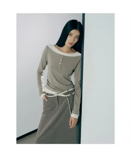 [8SECONDS] Layered Henley Neck Long Sleeve Inner Top - Khaki / 레이어드 헨리넥 긴소매 이너탑  카키
