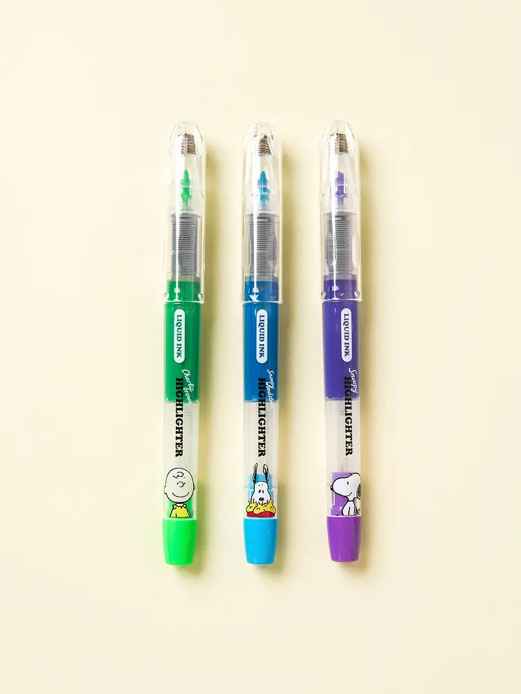 [DAISO] Peanuts "Saeng Ink" Fluorescent Marker Set (3 pcs) - Green, Blue, Purple / 피너츠 생잉크 형광펜 3개입 그린＆블루＆퍼플