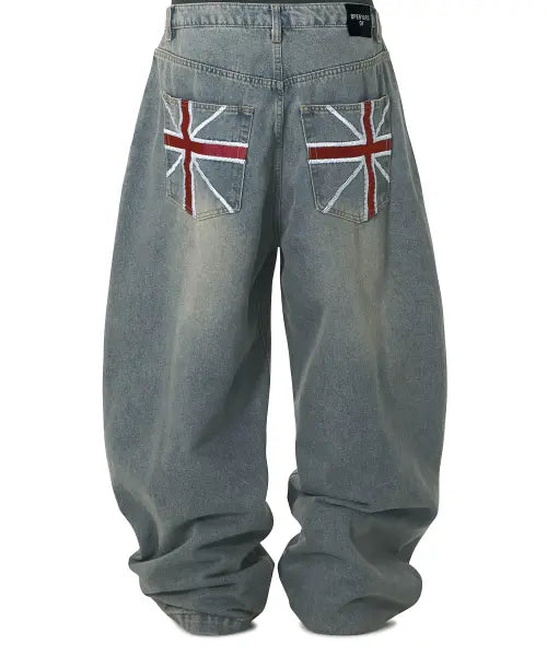 [OPENYARD(OY)] UNION JACK WASHED WIDE VOLUME PANTS - FADE BLUE
