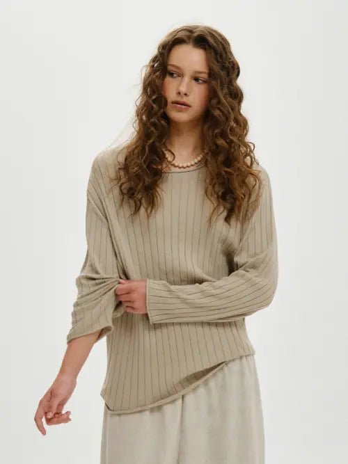[PLZPROJECT] RIBBED KNIT LONG SLEEVE, TAUPE BEIGE