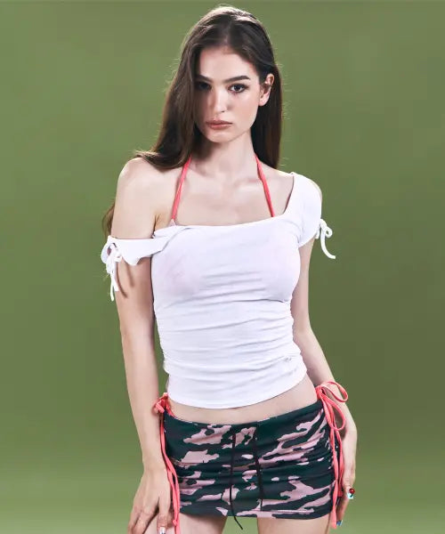 [PLEASENOFOLLOW] Vane Shirring Short Sleeve Top (White)