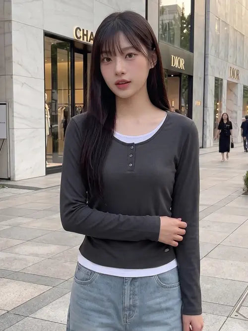 [HANGTEN] WEIL Womens Whale Henley Neck Layered Long T Shirt_057(10580-131-605-69) / 여성 웨일 헨리넥 레이어드 롱 티셔츠_057(10580-131-605-69)