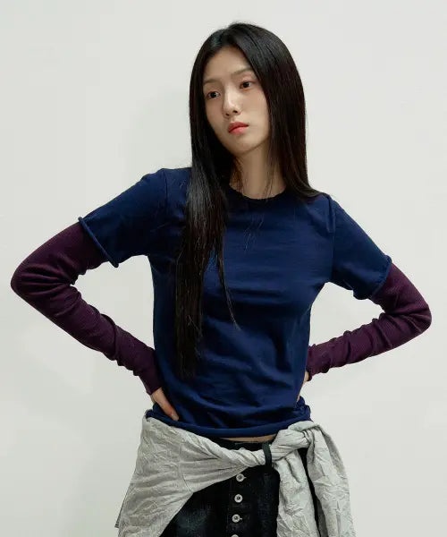 [SLOWACID] WS LAYERED STRIPE LONG SLEEVE [NAVY] / 우먼스 레이어드 스트라이프 롱슬리브 [네이비]