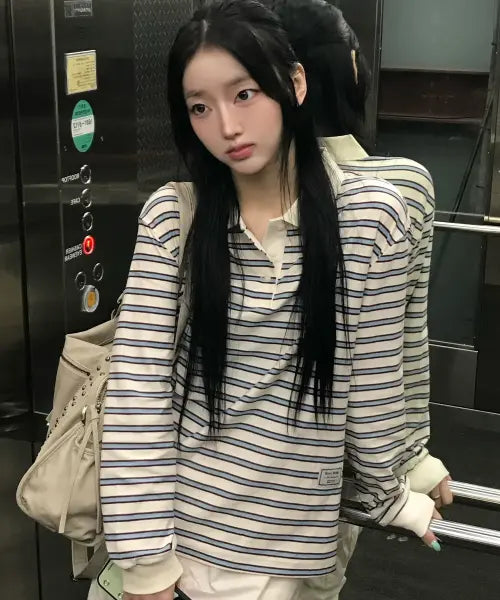 [MIND BRIDGE WOMEN] [W]Striped Collar Oversized Long Sleeve T-shirt - 2color / [W]스트라이프 카라 오버핏 긴팔 티셔츠 - 2color