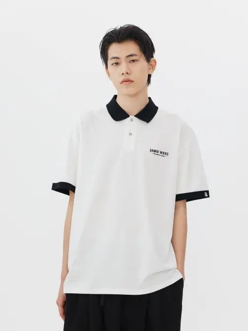 [JAMIE WEST] JW Lettering Color Blocked Collar Polo Shirts (WH) / JW 레터링 배색 카라티셔츠 (화이트)
