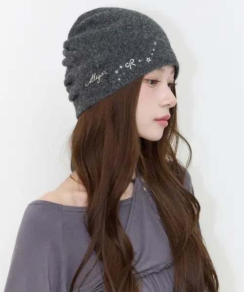[ILLIGO] DRAWING EMBROIDERY BEANIE CHARCOAL / 드로잉 자수 비니 차콜