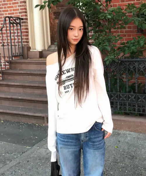 [SOMEWHEREBUTTER] Vintage Car Off Shoulder Top - Ivory