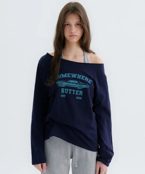 [SOMEWHEREBUTTER] Vintage Car Off Shoulder Top - Navy