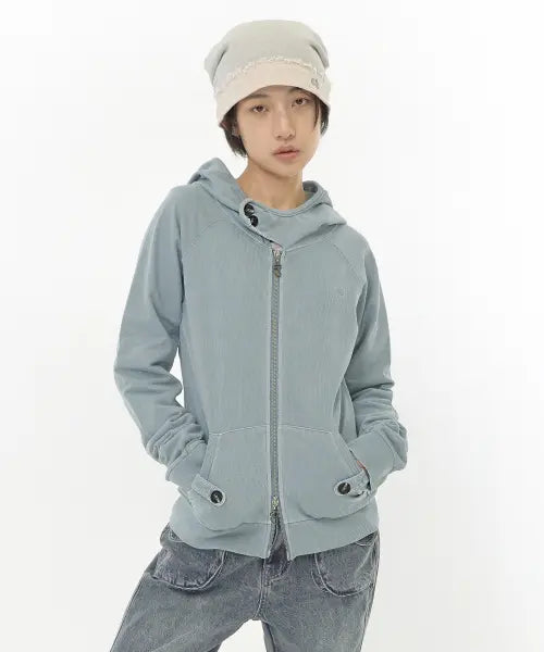 [HUG YOUR SKIN] Washed high-neck hoodie zip-up (Blue) / 워시드 하이넥 후드집업 (블루)