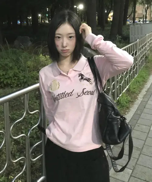 [UNTITLED SEOUL] UNTITLED CREST POLO LONG SLEEVE PINK / 언타이틀 크레스트 폴로 롱슬리브 핑크