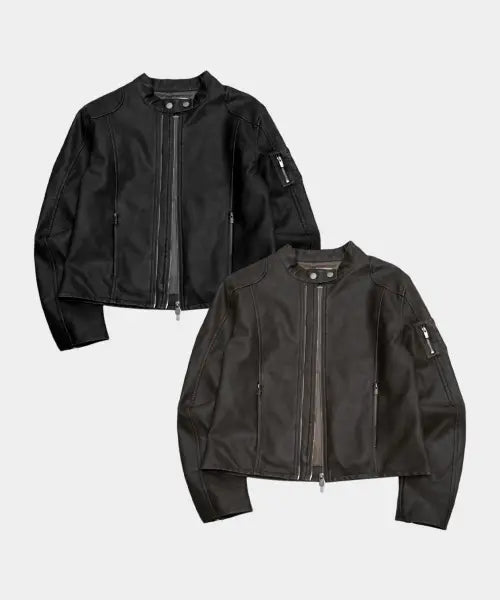 [PLACE STUDIO] Semi-cropped biker leather zip-up rider jacket with cut line pocket detail - 2 colors / 절개 라인 포켓 지퍼 디테일 세미 크롭 바이커 레더 집업 라이더 자켓_2COLOR