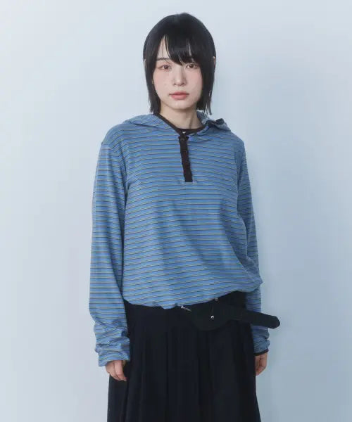 [CGP] Women's Striped Henley Hoodie - Blue / (우먼) 스트라이프 헨리넥 후디-블루