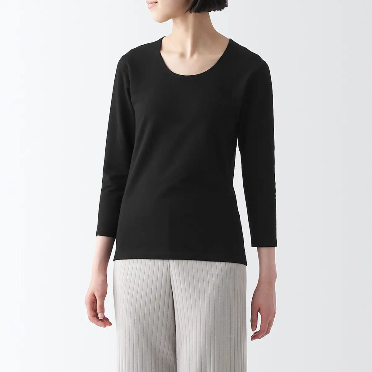 [MUJI] Women's Thick Thermal U-Neck 8/10 Sleeve T-Shirt / 여성 두꺼운 발열면 U넥 8부소매 티셔츠