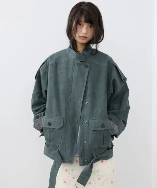 [HOKUSPOKUS] Cotton HighNeck Belted Jacket_Khaki / 코튼 하이넥 벨티드 자켓_카키