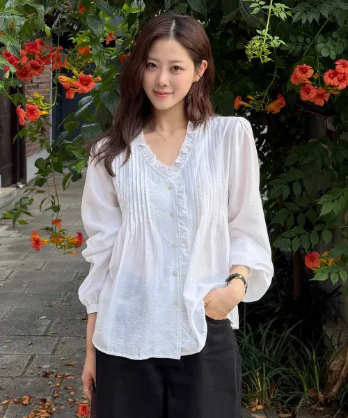 [OURHOPE] poem Ruffle Pin-Tuck Blouse - Ivory / 포엠 러플 핀턱 블라우스 - Ivory
