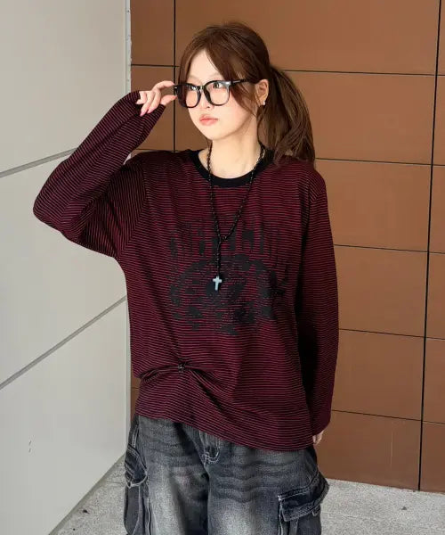 [DEFYCLUBROBBERS] Defyclub Stripe Long Sleeve Burgundy / Defyclub 스트라이프 롱슬리브 버건디