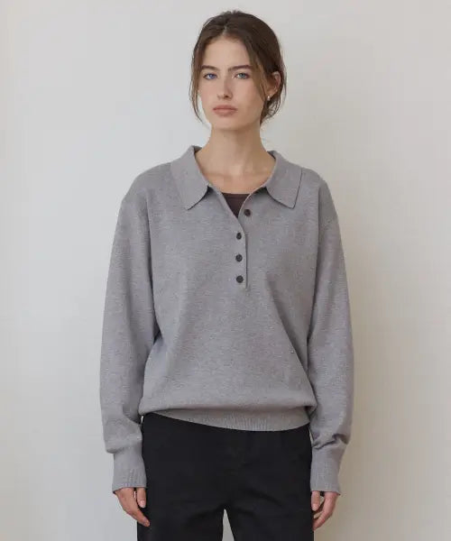 [OURHOPE] Essential Button Collar Knit - Melange Grey / 에센셜 버튼 카라 니트 - Melange Grey