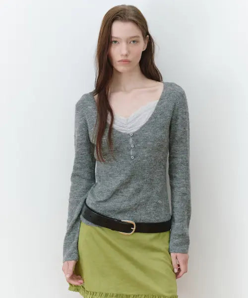 [ROLAROLA] LACE LAYERED SLIM KNIT MELANGE CHARCOAL