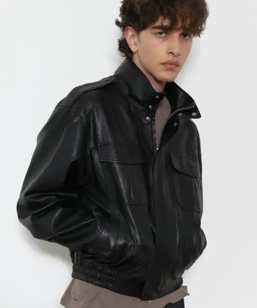 [DOFFJASON] High Neck Epaulet Leather Uniform Jacket BLACK / 하이넥 에폴렛 레더 유니폼 자켓 BLACK