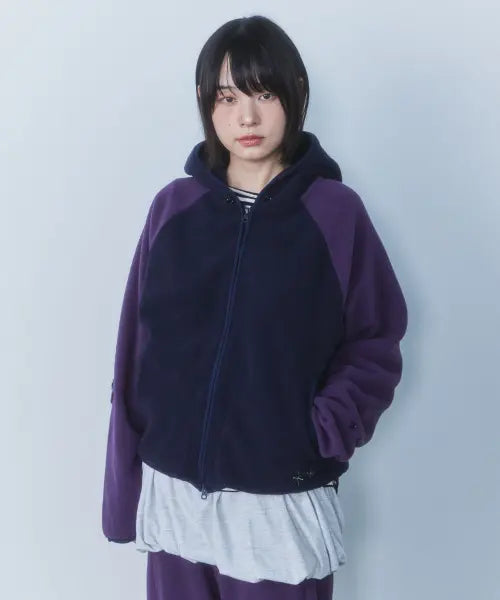 [CGP] Women's Raglan Colorblock Fleece Zip-Up Hoodie - Dark Navy / (우먼) 레글런 배색 플리스 후드 집업-다크 네이비