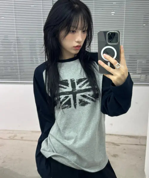 [SCALLYWAG] Union Jack Raglan Long Sleeve [Gray] / 유니언잭 래글런 롱 슬리브[그레이]