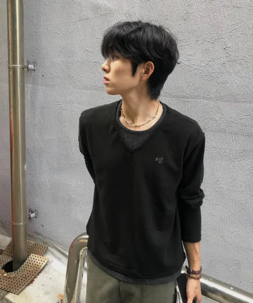 [GRUNDEN] [GRUNDEN X SEOJIN] LAYERED V NECK KNIT (BLACK)_GCCUJTS02BK / [글런든 X 서진] 레이어드 V넥 니트 (BLACK)_GCCUJTS02BK