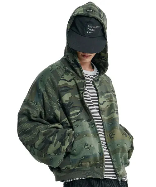 [AJOBYAJO] Cropped Mixed Camo Zip-Up Hoodie [KHAKI]
