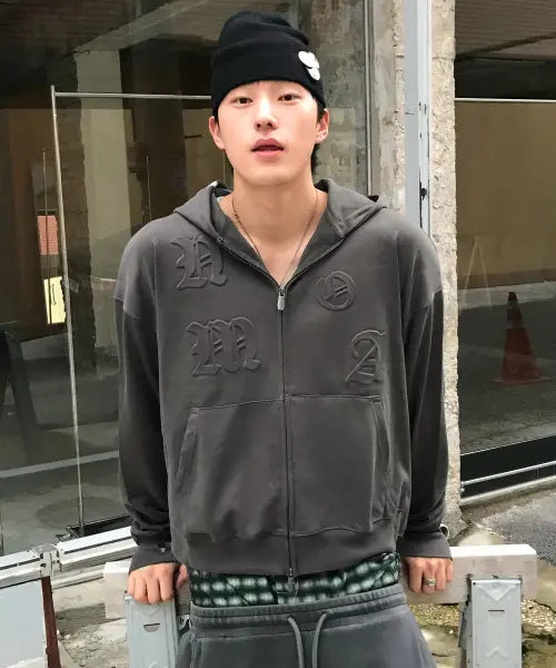 [NOMANUAL] NM EMBOSSED HOODED ZIP-UP - CHARCOAL