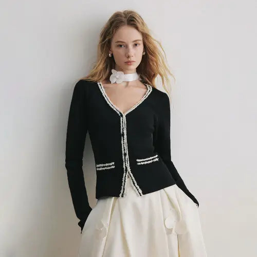 [YYIAM] YY_Color-blocked wool knit cardigan