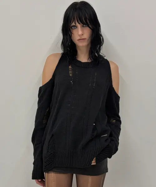 [ROCKCAKE] Distressed Open Shoulder Knit - Black