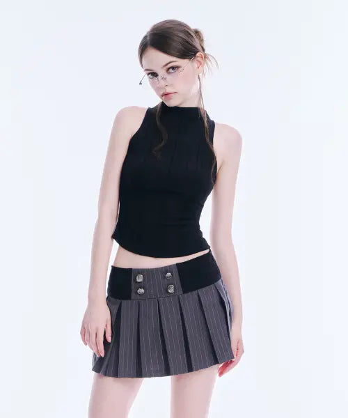 [ARCMETHOD] Button Pleated Rib Banding Mini Skirt (Grey) / 버튼 플리츠 립 밴딩 미니 스커트 (그레이)