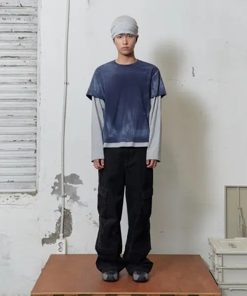 [TONY LAWRENCE] Brushed Washed Layered Long Sleeve Navy x Grey / 브러시 워시드 레이어드 롱슬리브 네이비x그레이
